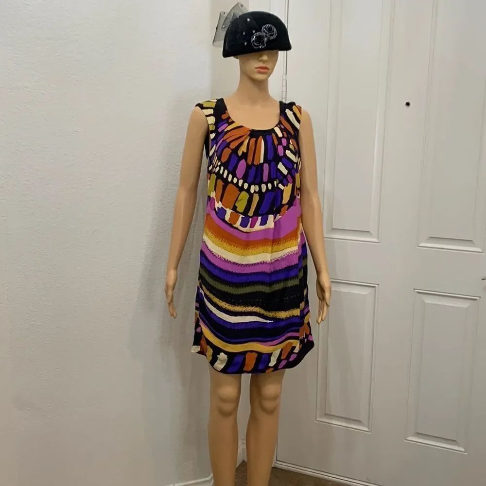 ECI New York Sz 4 ScoopNeck Short Sleeve Pink Black Statement Zipper Mini Dress